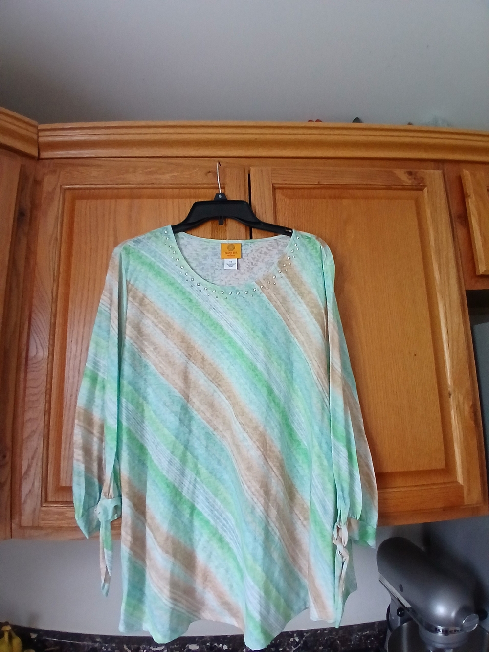 Ruby Rd. Mint Green, Beige & White Striped Embellished Women's Top